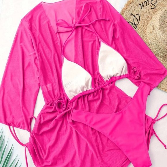 Hot Pink Preppy Womens Plain Halter Triangle Bikini Swimsuit With Cover Up - Picture 5 of 13